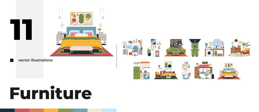 Eclectic home interior furniture cartoon flat illustrations bundle. Living room. Bedroom workspace. Cozy mid century furnishings 2D images isolated on white. Collection vector drawings colorful