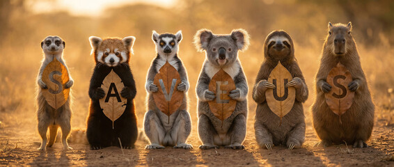 Fototapeta premium Cute wild animals holding leaves spelling SAVE US, symbolizing environmental protection, wildlife conservation, and urgent call to protect nature, biodiversity, and endangered species in a warm natura