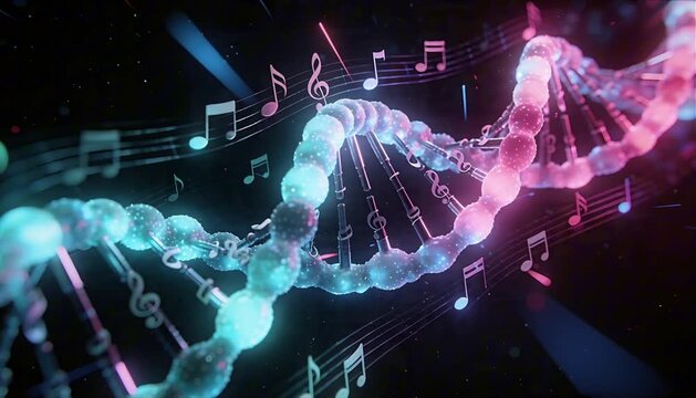 dna strand made of musical notes and glowing spheres in dark medical tech void perfect for world music day