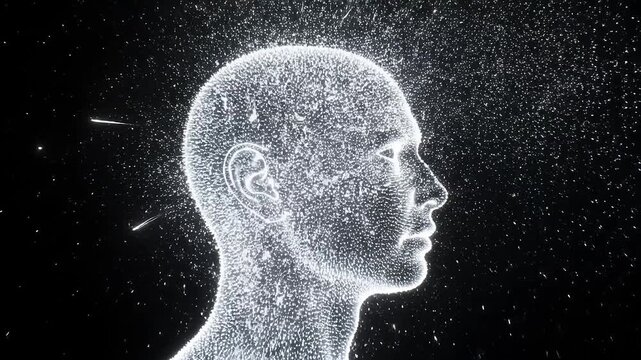 A stunning video illustration of a man's head dissolving into particles