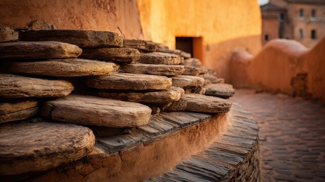 Small rounded clay tiles creating a distinctive lay in ancient adobe architecture