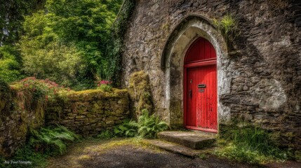 Fototapeta premium Vibrant Red Door Set Into Ancient Stone Archway Entrance Surrounded by Lush Green Foliage and Mossy Walls