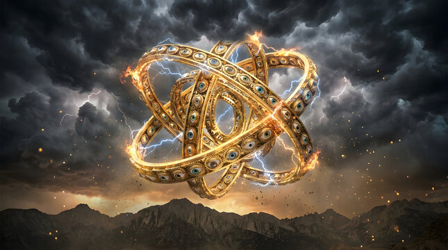 Ophanim with many eyes in golden wheels, set against stormy skies over mountains. Suitable for mystical, mysterious, and spiritual themes.