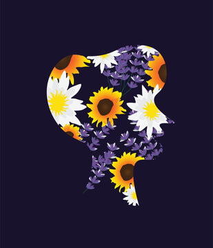 Abstract Botanical Human Profile with Sunflower, Lotus and Lavender on Dark Blue Background.This artwork conveys themes of self-awareness, emotional healing,and the connection between nature and human