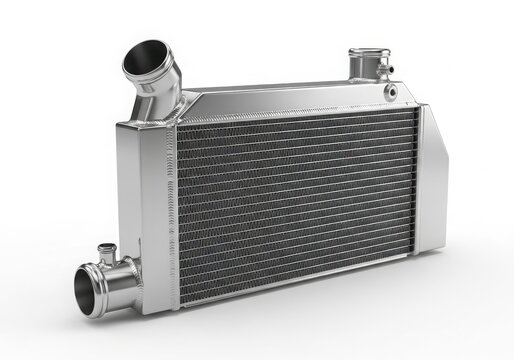 A close-up view of an intercooler with intricate fin details and connection ports