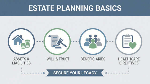 Estate planning basics framework covering assets liabilities will trust beneficiary designation and healthcare directives to secure personal legacy and future wealth transfer