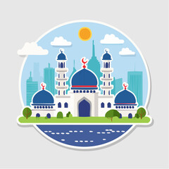 Fototapeta premium Flat Illustration of a Mosque with City Skyline and Sun