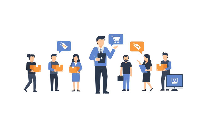 Team discussing shopping cart icon with various tag and box icons vector illustration