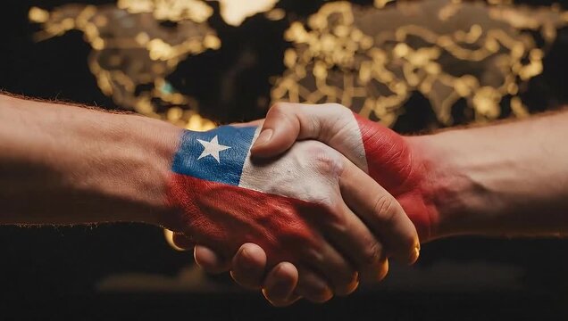 Chile and peru nations connect with a handshake over world map motion.
