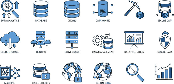 Data analytics and database management icons set featuring cloud storage, cybersecurity, big data, data mining, hosting, and digital information systems
