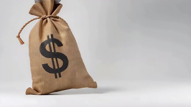 白いスタジオで整えられた麻袋のドル記号をクリーンに提示