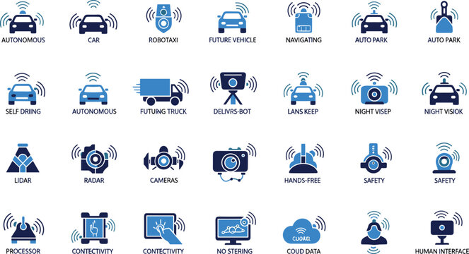 Autonomous vehicle and smart driving technology icon set featuring self driving cars, sensors, navigation, safety systems, connectivity, and future mobility solutions