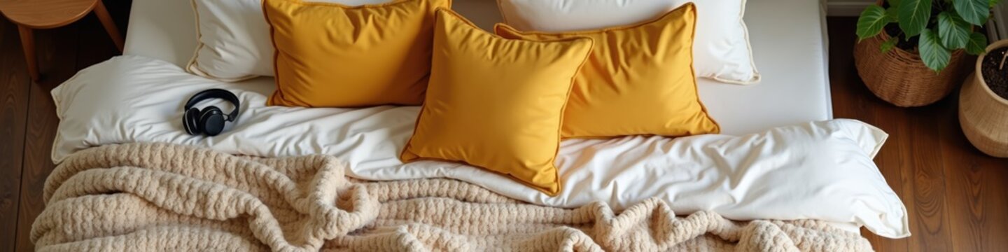 bed with Sand linen duvet with mustard cushion and headphones, relaxed boho bedding, top view