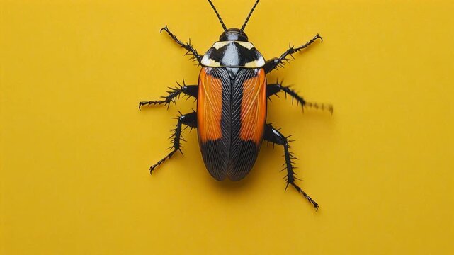 Colorful eublaberus posticus cockroach moving its legs and antennae on a vibrant yellow background