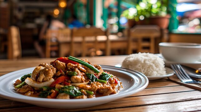 Pad Krapow Gai in cafe, thailand