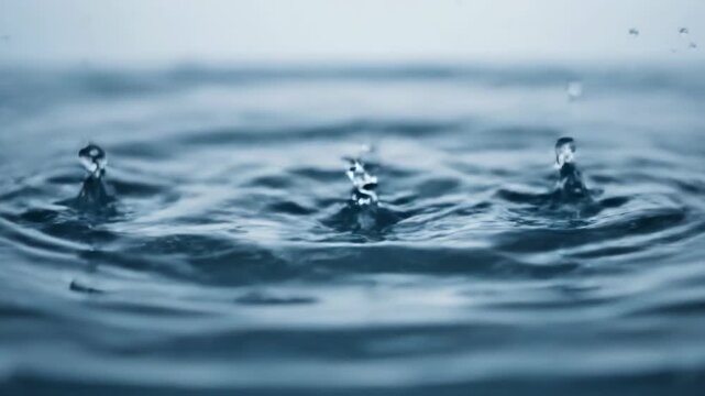 Macro shot of a single crystal clear water droplet falling towards a calm liquid surface, creating a sense of motion against a soft blue and gray gradient background.