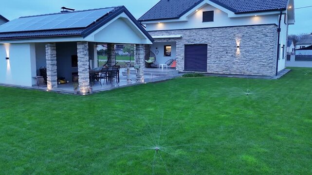 Modern smart home exterior with automatic lawn sprinkler system at twilight. Contemporary house featuring solar panels, stone facade, and green backyard garden irrigation