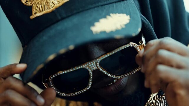 Cool african american rapper smiling while wearing gold grillz and diamond iced out jewelry