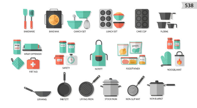 Collection of kitchenware and cooking tools illustrated on a white background