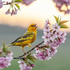 Fototapeta premium Vibrant yellow warbler perched on blooming lilac branch in soft morning light bird flowers spring