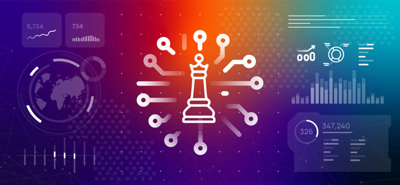 Artificial intelligence AI strategy and business leadership concept with digital chess king icon circuit data visualization dashboard smart decision making and competitive advantage in modern