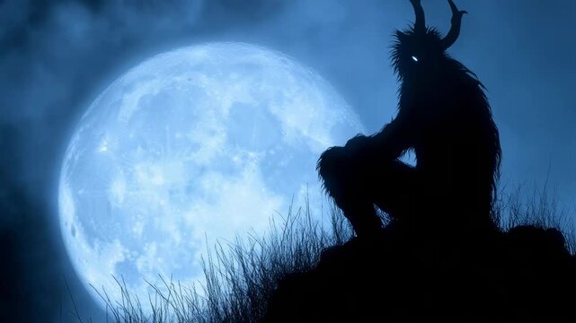 Creepy horned devil creature silhouetted on a hill against a big full blue moon in a dark night