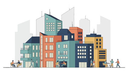 Fototapeta premium A vibrant illustration of a diverse city skyline with various modern buildings and small figures of people interacting.