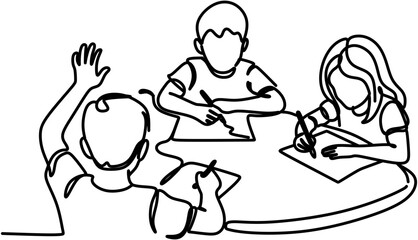 Fototapeta premium Continuous Line Drawing of Group of Children Studying and Drawing Together in Classroom