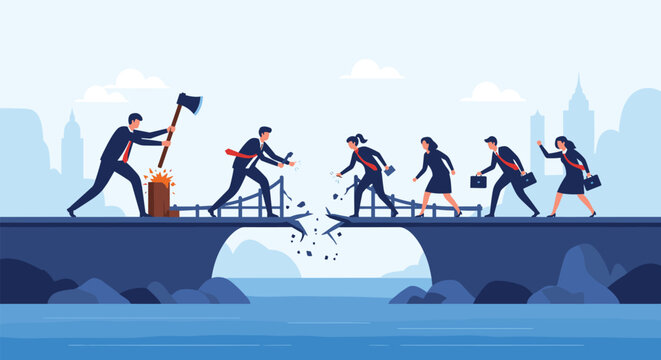 Group of business people on a bridge where some are destroying the path with axes while others try to cross represents conflict and workplace sabotage.