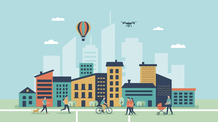 Obraz premium A vibrant cityscape illustration featuring diverse buildings, people engaging in leisure activities, and futuristic elements like a drone and hot air balloon.