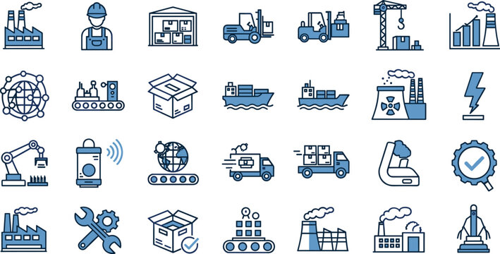 Industrial manufacturing and logistics line icon set featuring factory production, supply chain, automation, shipping, engineering, and energy industry concepts