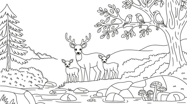 Line art drawing of a deer family including a buck and two fawns standing near a stream in a forest