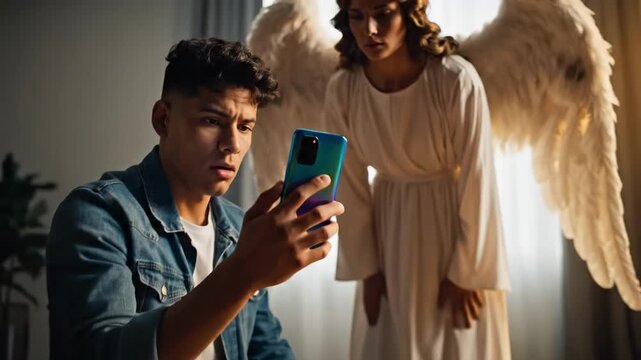 Young Man With Phone Angel Whisper, Intimate Cinematic Scene With Winged Woman Leaning Close To Share Secret About Message On Screen Warm Glow, Denim Jacket, Closeup Reaction, Suspenseful Mood, Soft.