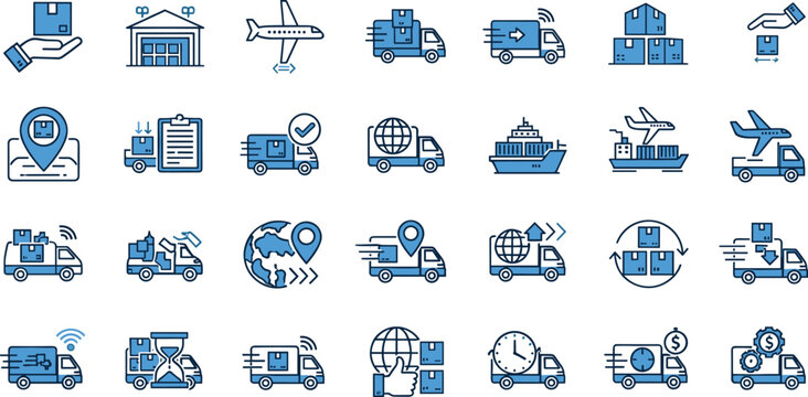 Logistics and delivery line icon set featuring shipping, warehouse, cargo transport, tracking, global distribution, and supply chain management concepts