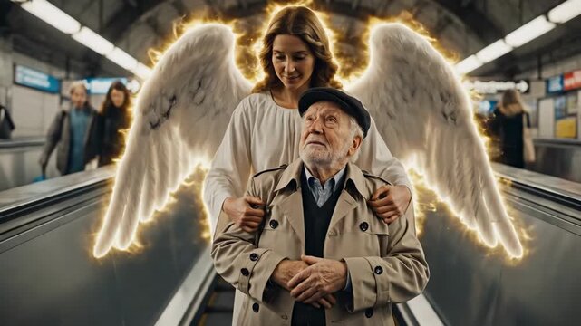 Angel Embraces Elderly Man Subway, White Angel With Glowing Wings Comforts Elderly White Man In Trenchcoat On Moving Escalator, Warm Cinematic Lighting, Halo Glow, Compassionate Gaze, Urban Commuters.