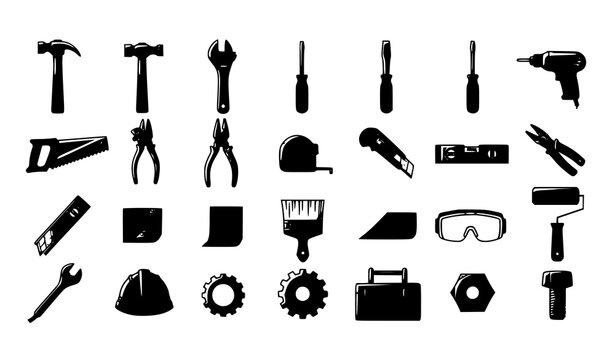 Construction and DIY tool icon vector set with hammer wrench screwdriver and workshop equipment