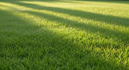 Obraz premium Sunlight casts long shadows across a vibrant green grassy field.