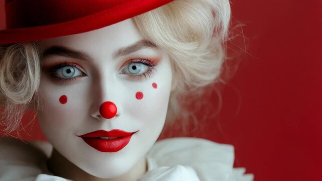 Female clown with white face paint, red lipstick, and blue eyes posing against a red background