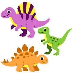 Naklejka premium Set of three cute cartoon dinosaurs in bright colors, including purple, green, and orange characters, isolated on light background, perfect for kids design, educational materials, and nursery decor.