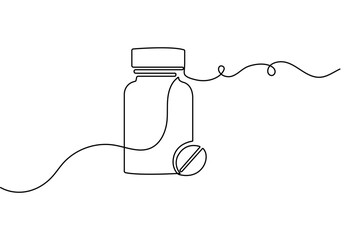 Obraz premium Medicine bottle and pills continuous one line drawing minimalist vector illustration