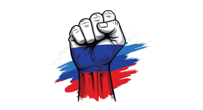 Powerful raised fist symbol painted with the Russian national flag colors of white, blue, and red for patriotism and strength concepts.