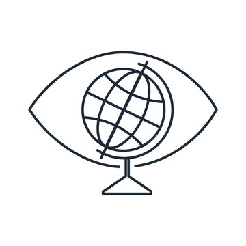 The union of the eye and the globe. The ability to see the big picture, to foresee, to understand the interconnections on a global scale.Vector linear icon illustration isolated on white background.