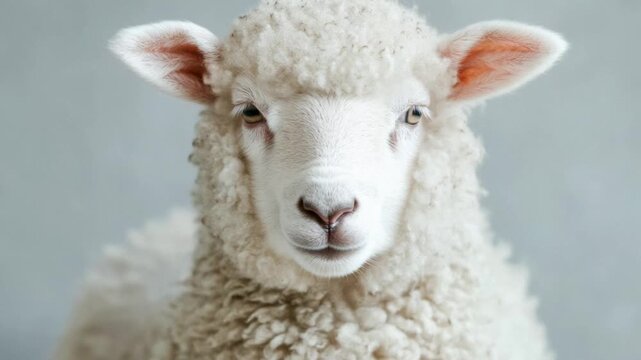 Adorable fluffy young sheep looking at camera and turning its head on a neutral background