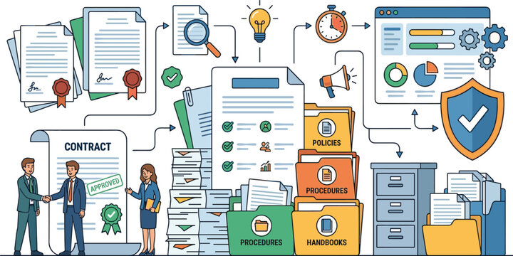 Business compliance, contract management, document filing, and corporate policies procedure illustration with professional people in an office setting