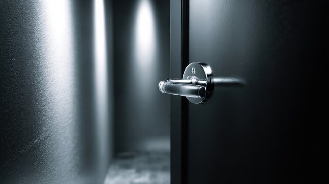 Sleek black lacquer door with a minimalist chrome handle, partially open with dramatic lighting