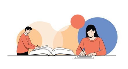 Fototapeta premium Young man and woman students sitting together and studying with large open books and taking notes for academic success and learning.