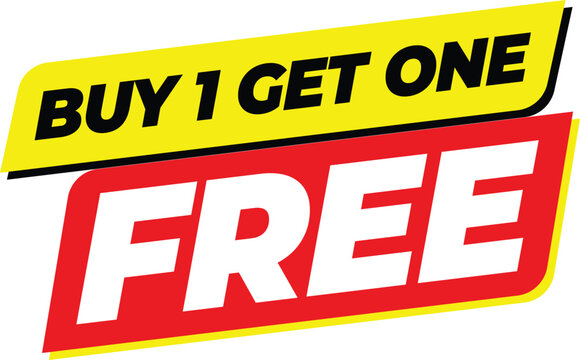 BOGO Sale Vector Template. Buy 1 Get 1 Free Offer Banner, Sticker Tag Design, Special Discount Promotion, 3D Text on White Background.
