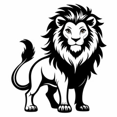 Fototapeta premium Majestic lion with a shaggy mane and fierce expression standing proudly in a powerful stance, showcasing its sharp claws and strong physique in a striking black and white illustration.