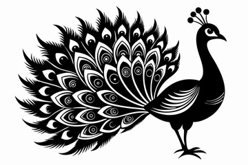 Fototapeta premium A stunning black and white illustration of a peacock with its majestic feathers spread wide, showcasing intricate details and patterns on a clean background.