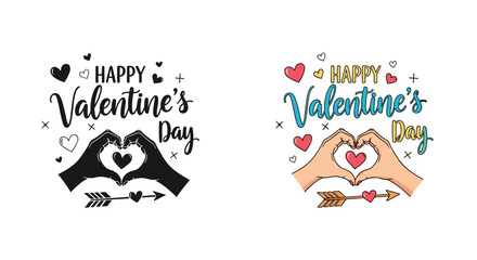 Fototapeta premium Romantic Valentine Day greeting design featuring two versions of hands forming a heart shape accompanied by decorative hearts and an arrow icon.